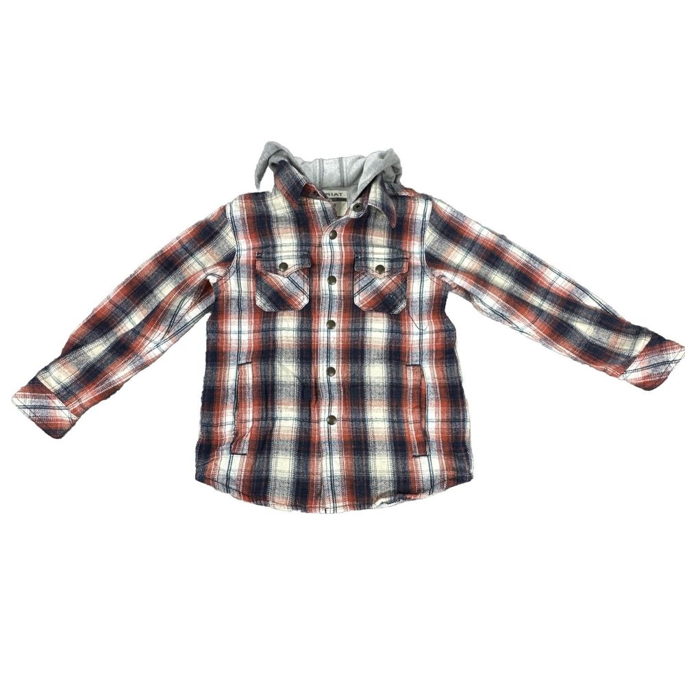 Ariat Retro Fit Hasslehoff Shacket Red Gray Plaid Flannel Hooded Jacket Kids XS